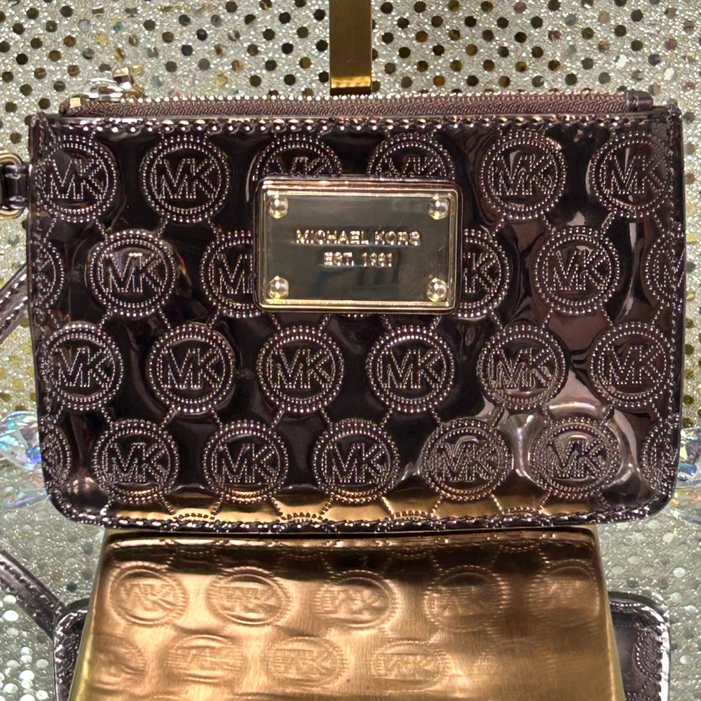 Michael Kors Metallic Bronze Logo Wristlet Porox. 6 x 4